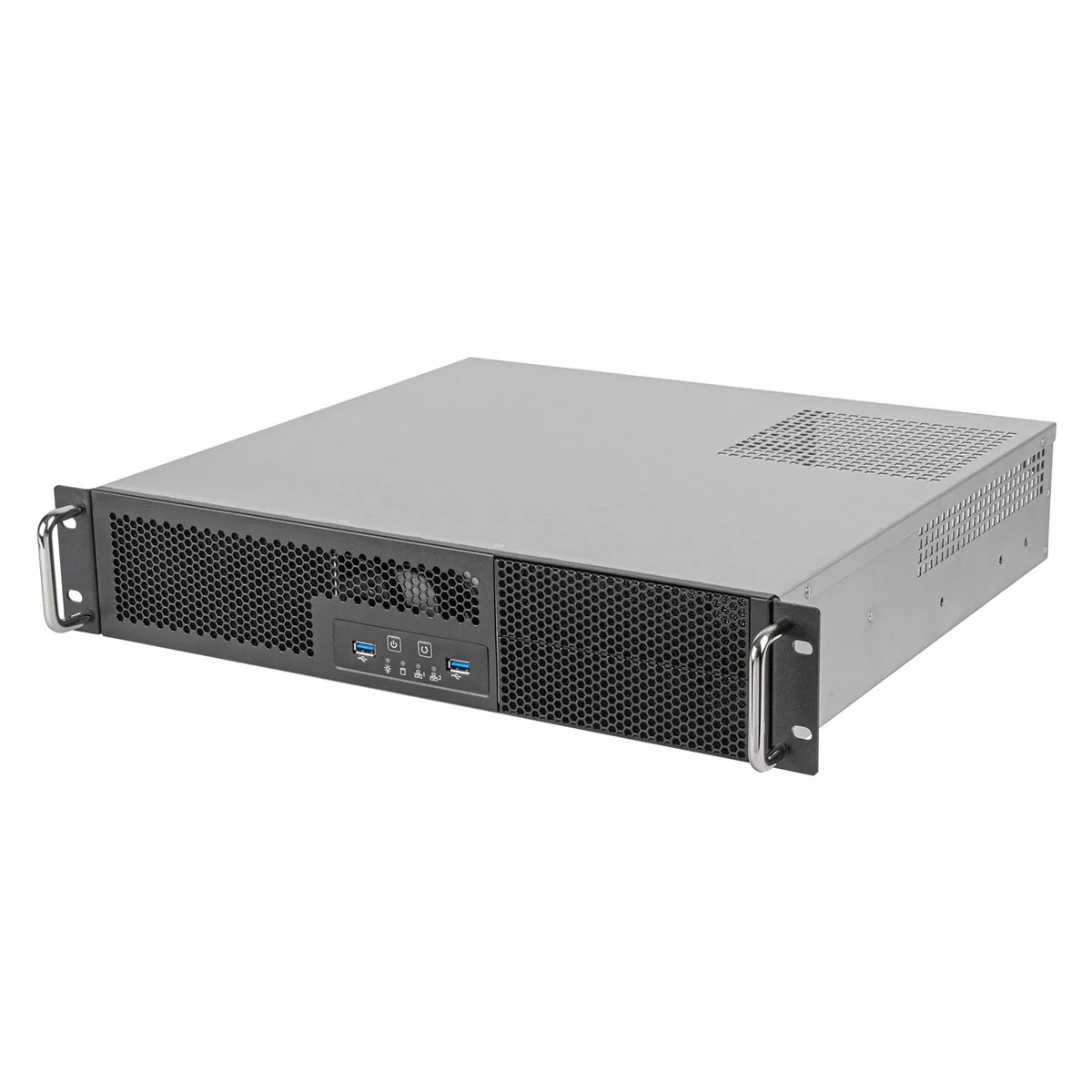 Silver 2U rackmount server chassis with dual 5.25 inch front bays and USB ports