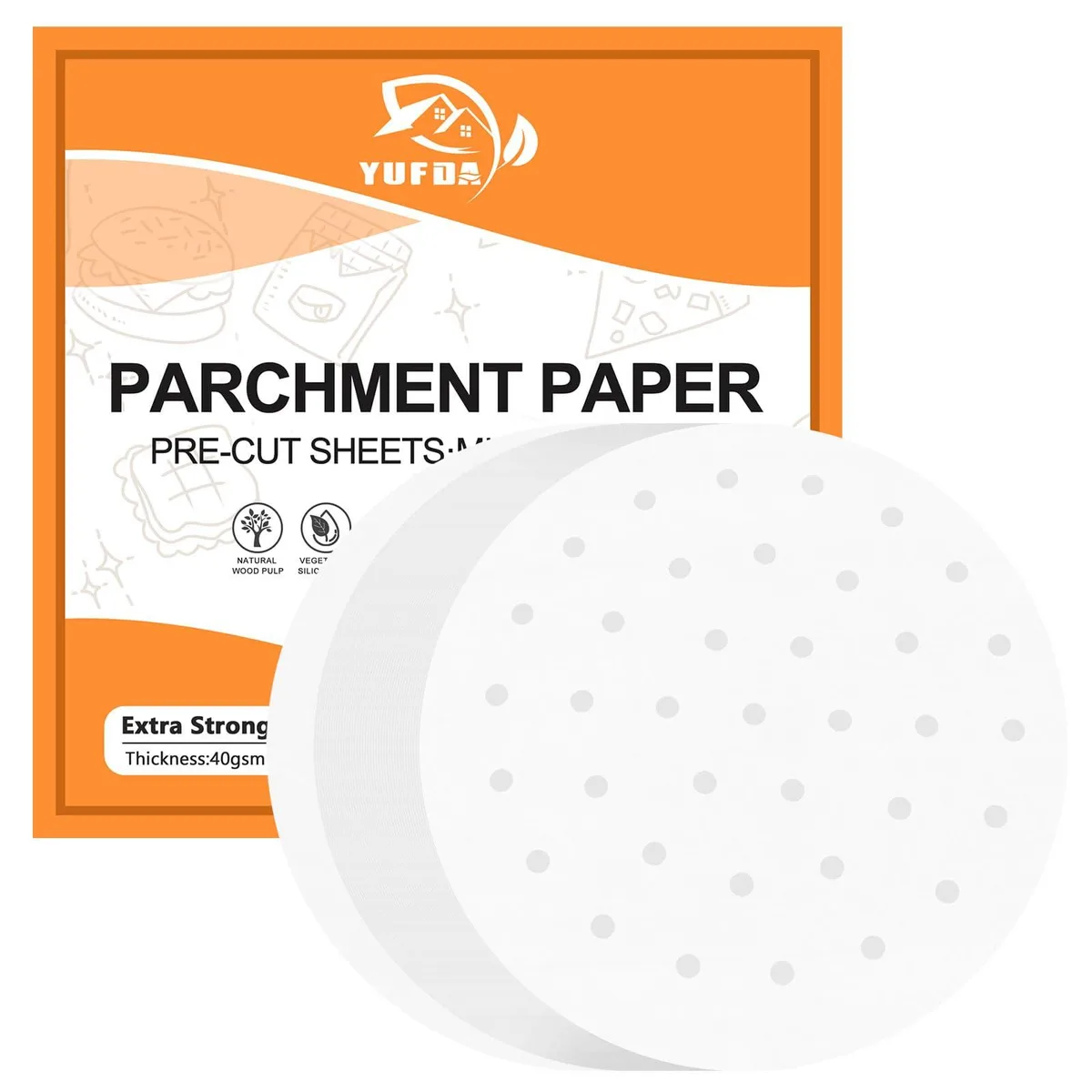 A stack of 150 white 8-inch round parchment sheets with perforated holes