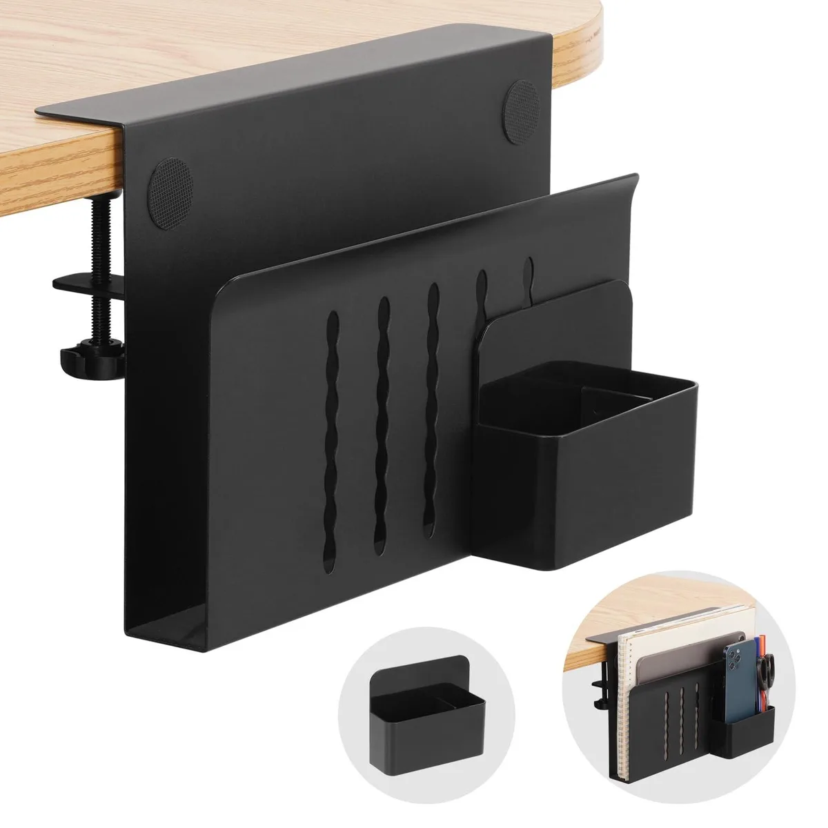 Black steel clamp-on desk tray with magnetic pen holder