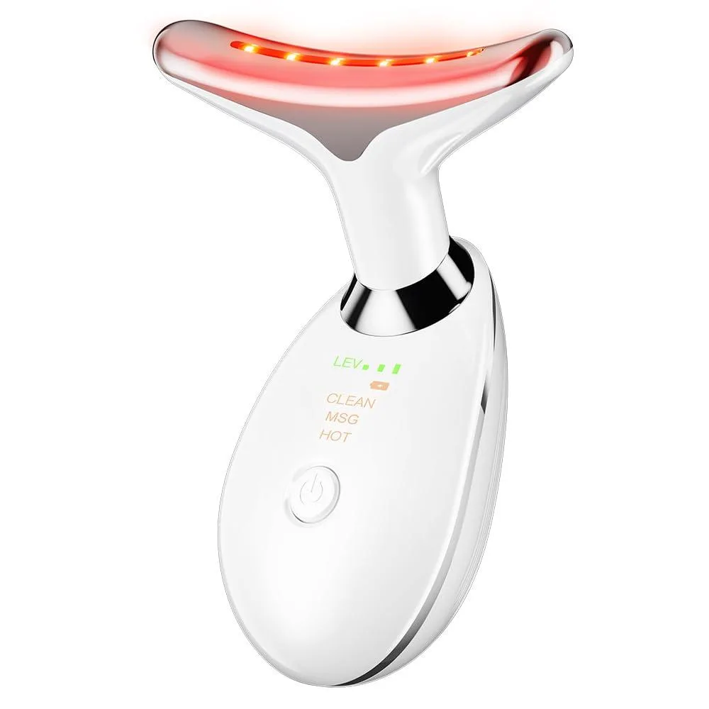 White matte plastic neck and face massager, curved handheld shape with silver sensing rings