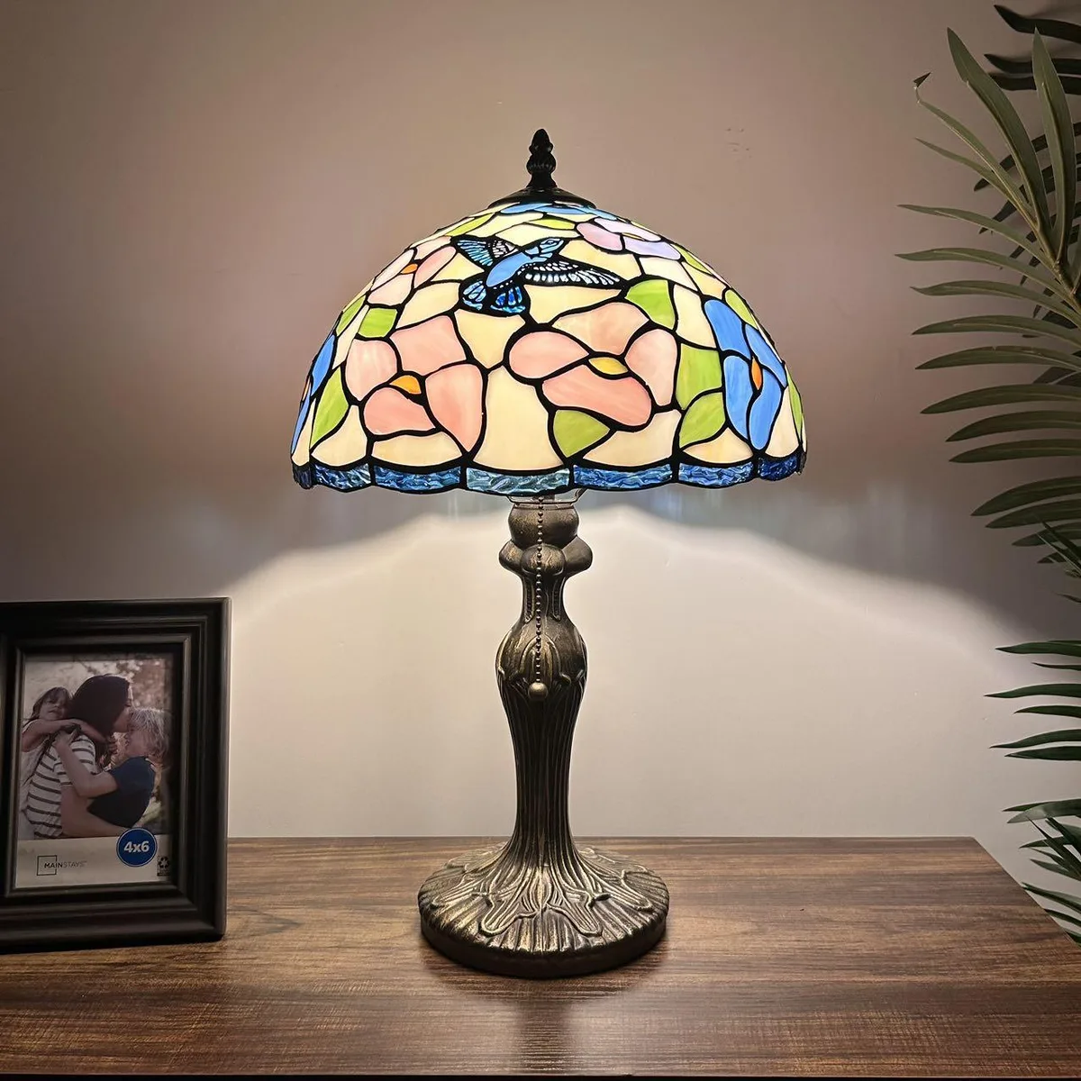 XIN CHENG TIFFANY LIGHTING XIN CHENG TIFFANY LIGHTING Tiffany Table Lamp Hummingbird Flowers Pink Blue Stained Glass 12"W 19"H — product photo