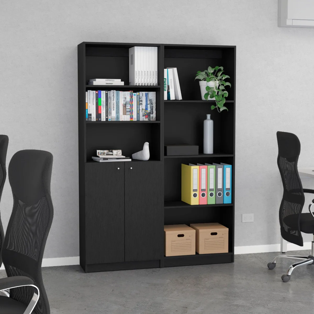 FM FURNITURE FM FURNITURE Cortaro 2 Piece Living Room Set with 2 Bookcases, Black — product photo