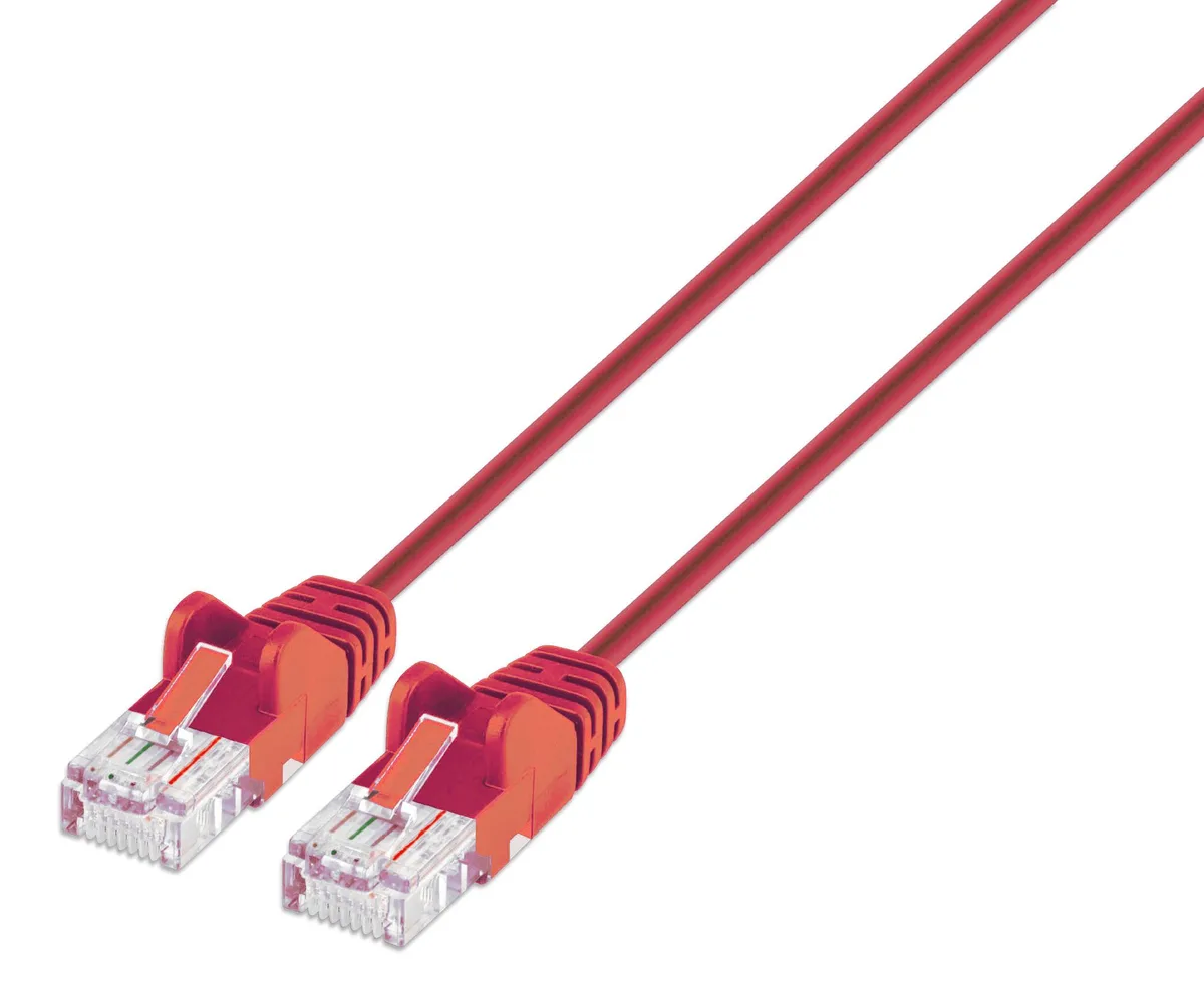 Red slim Cat6 patch cable with RJ45 connectors, 7 ft length