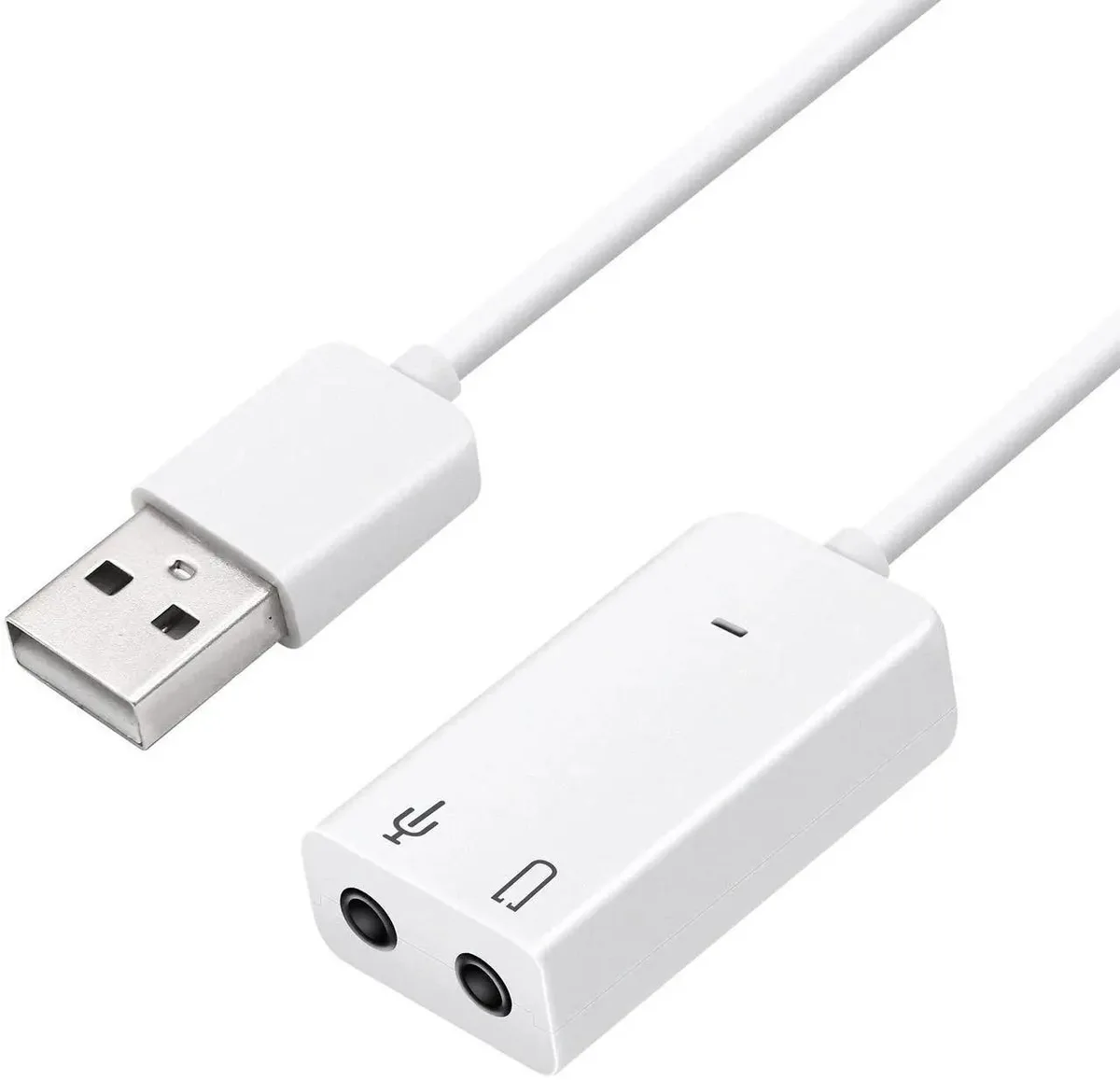 Small black USB-A dongle with 3.5mm headphone and mic jacks, volume and mute buttons, LED indicator