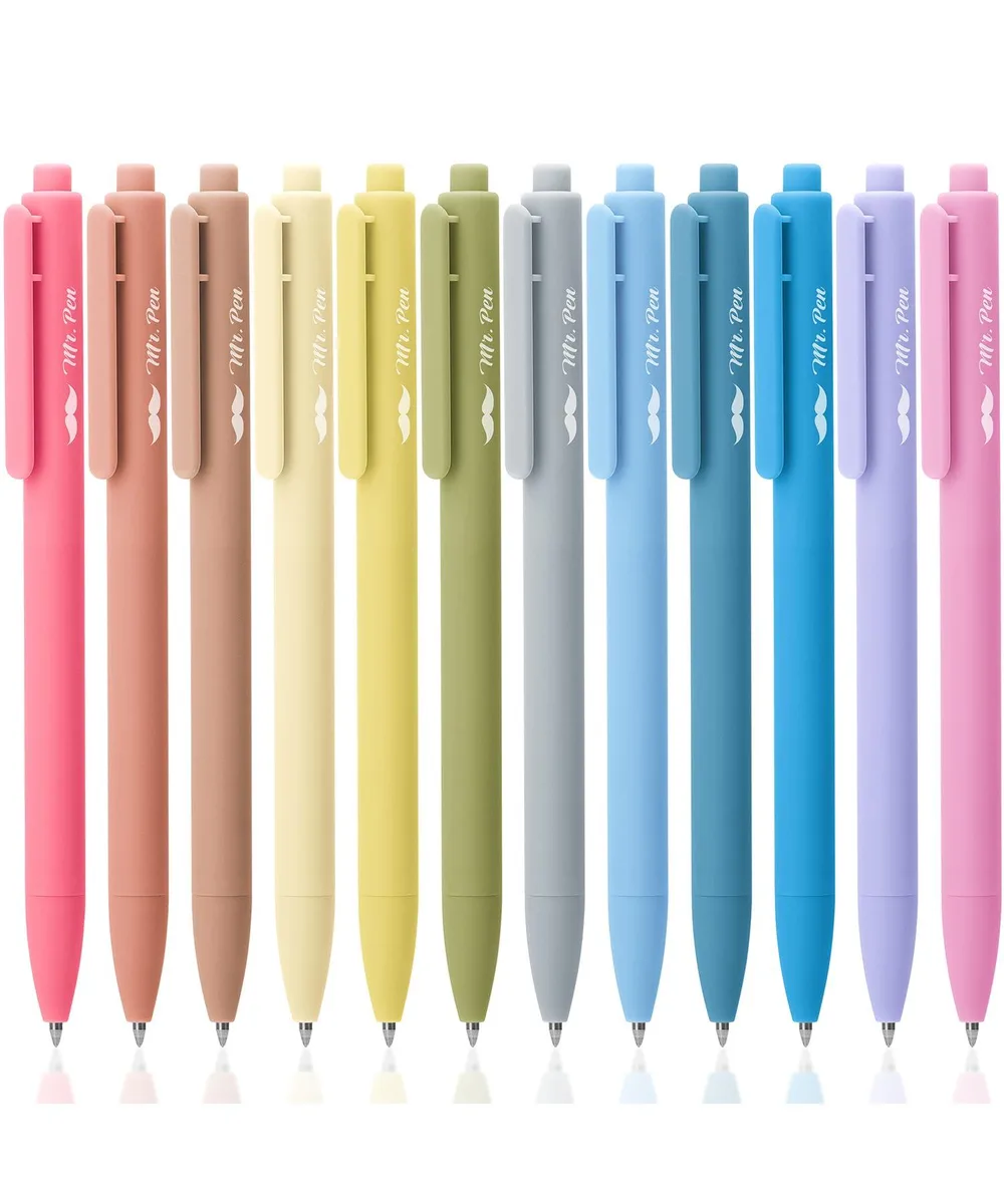 Twelve retractable gel pens with pastel plastic barrels and black 0.5mm tips