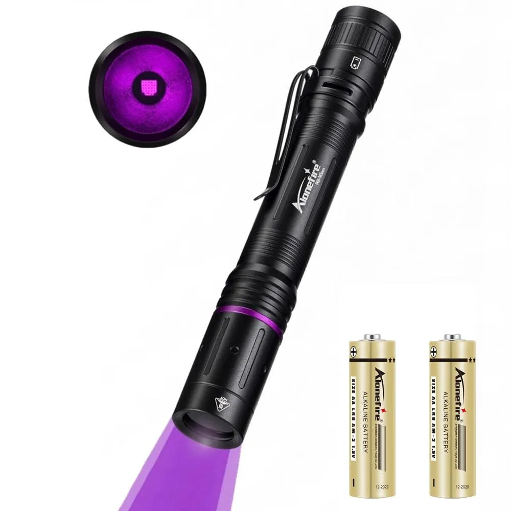 Black anodised aluminium mini UV flashlight, 365nm, takes two AA batteries