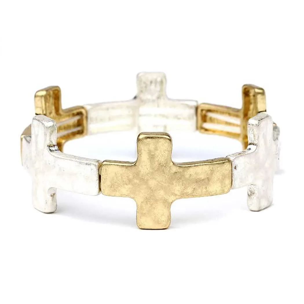  Rosemarie's Religious Gifts Hammered Cross 2-tone 20mm Stretch Bangle Bracelet 6.5 — product photo