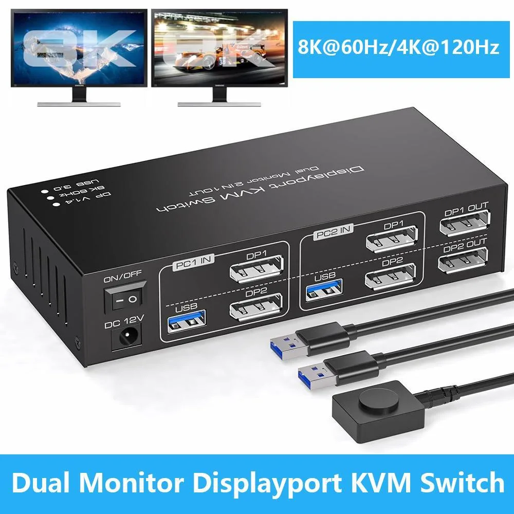 WRIARICH WRIARICH 8K@60Hz 4K@120Hz Dual Monitor DisplayPort KVM Switch 2 PC 2 Monitor USB 3.0 — product photo