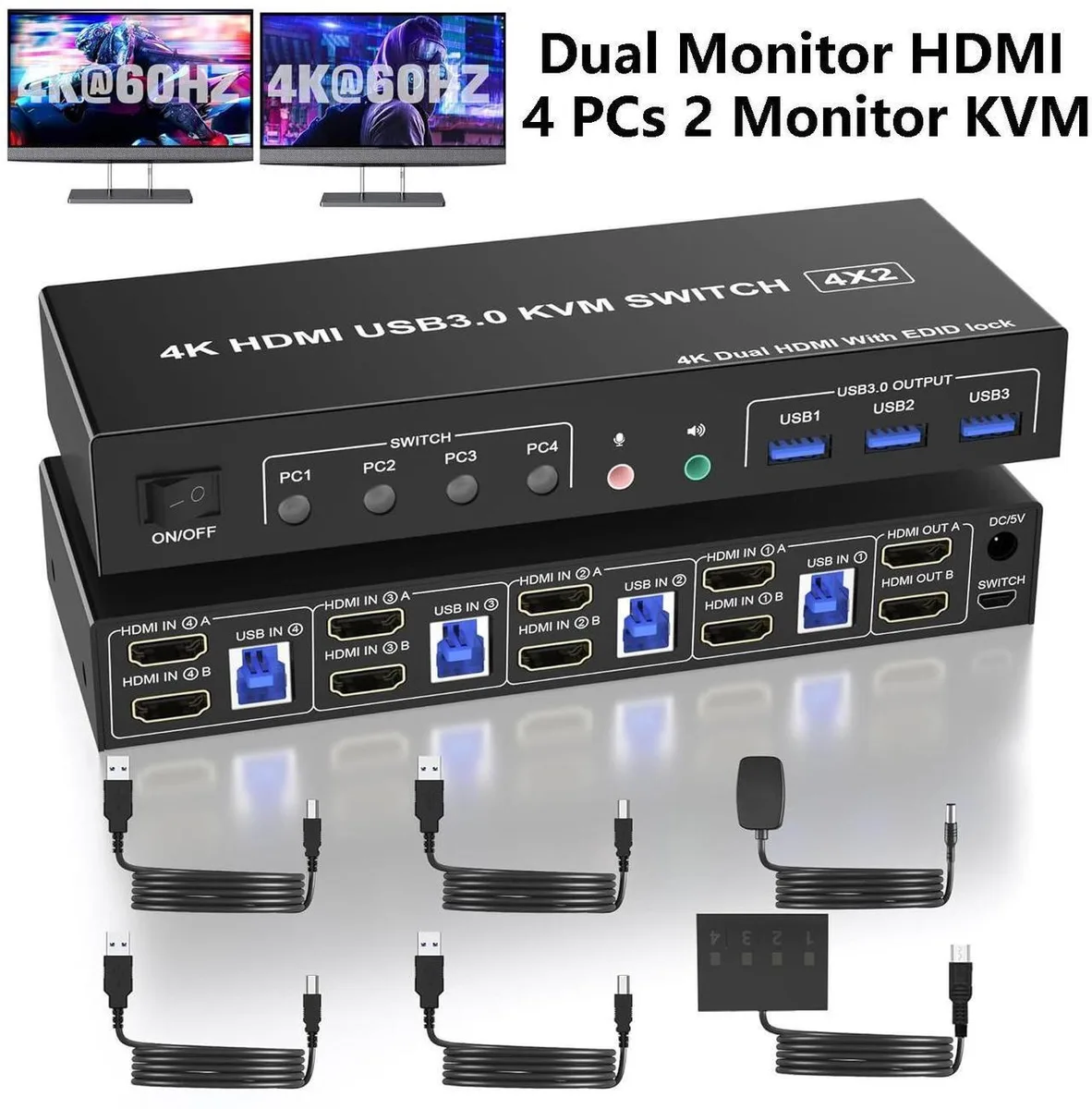 Aomoproing Aomoproing USB 3.0 HDMI KVM Switch Dual Monitor 4 PCs — product photo
