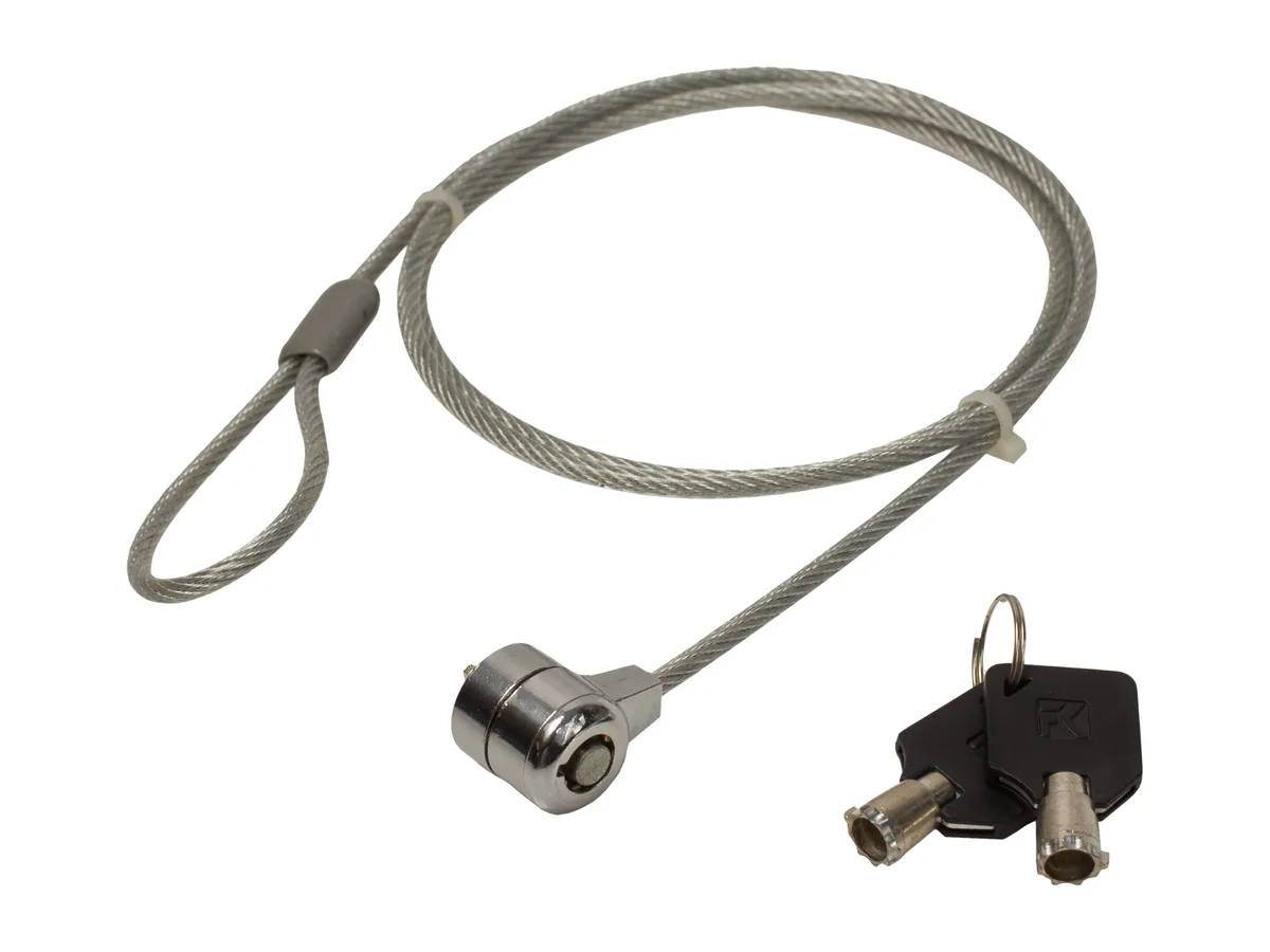 Silver metal lock head with 40 inch braided cable and two keys on white background