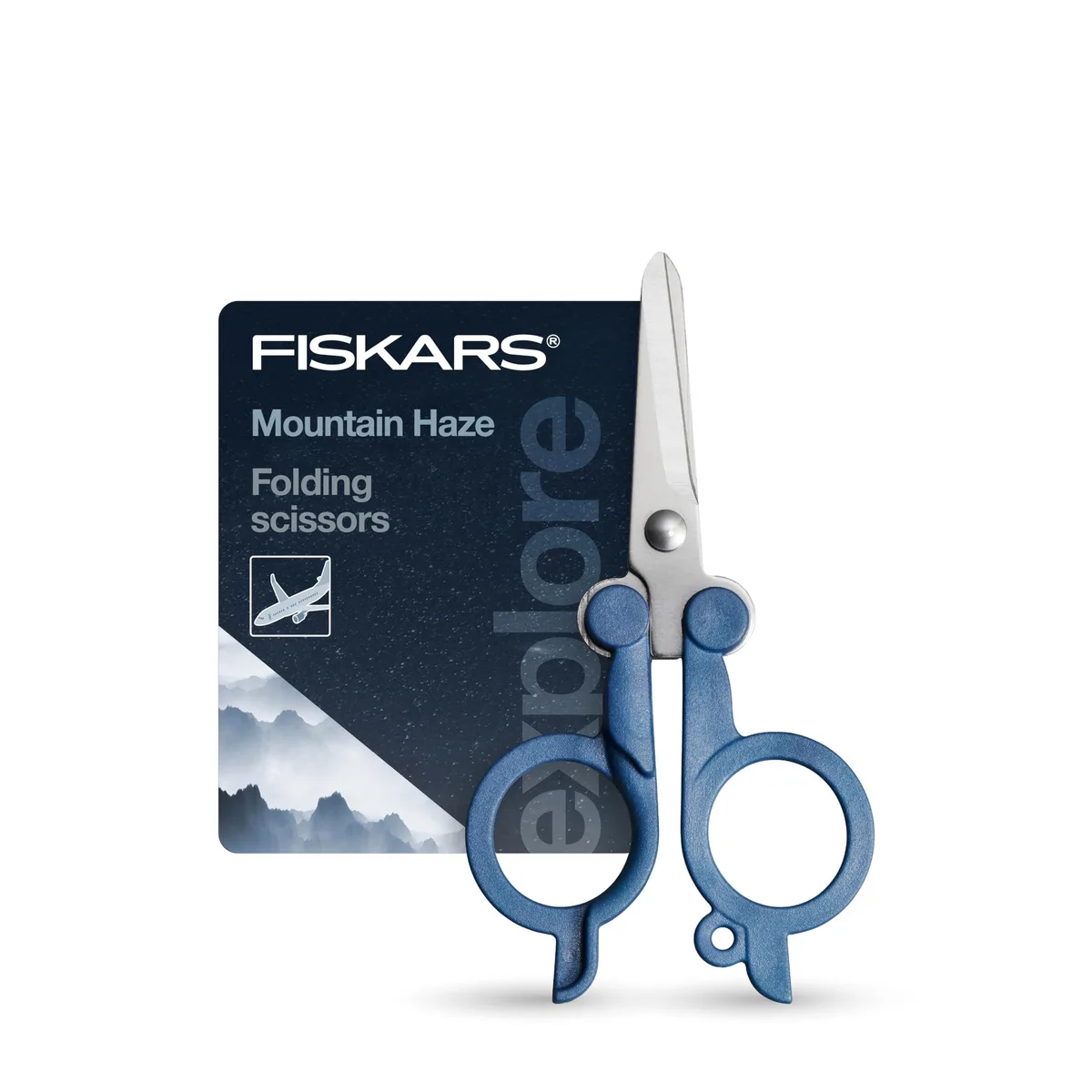 Fiskars folding scissors in Mountain Haze finish, compact metal frame with double-loop handles