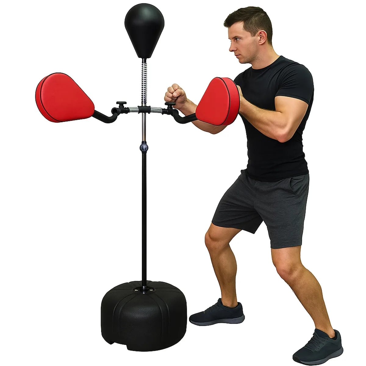 Freestanding kickboxing trainer with three rotatable target arms, spring-mounted punching ball, heavy base