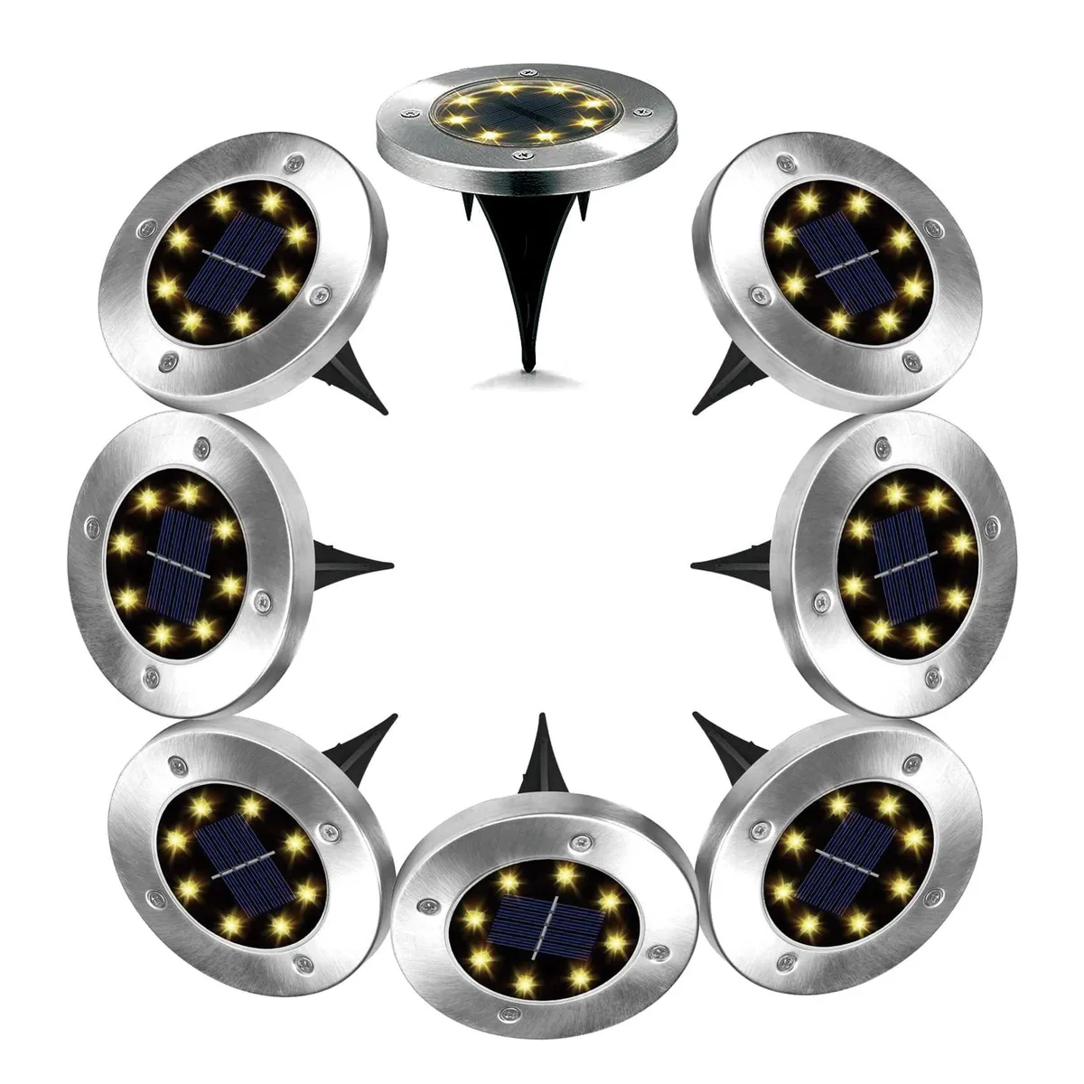 Eight silver stainless steel and plastic in-ground disk lights, 4.5 inch diameter