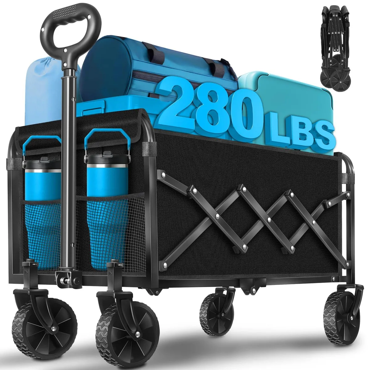Black collapsible wagon with alloy steel frame, four wheels, adjustable handle and mesh cup holders