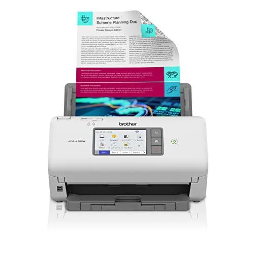White rectangular sheet-fed document scanner with top paper tray and front output slot