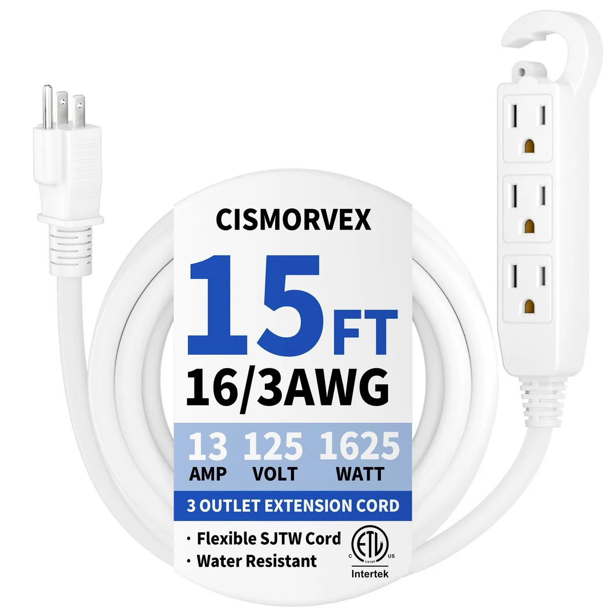  cismorvex 15 ft 16/3 AWG 3-Outlet White Power Extension Cord — product photo