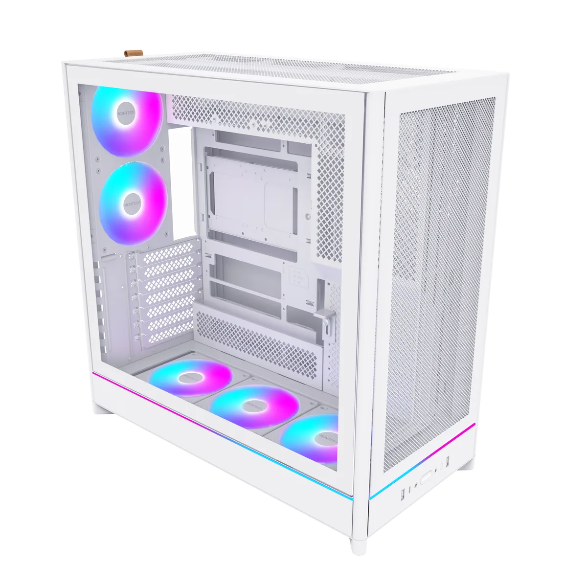 White SPCC mid-tower with tempered glass side panel, reversible layout and mesh front