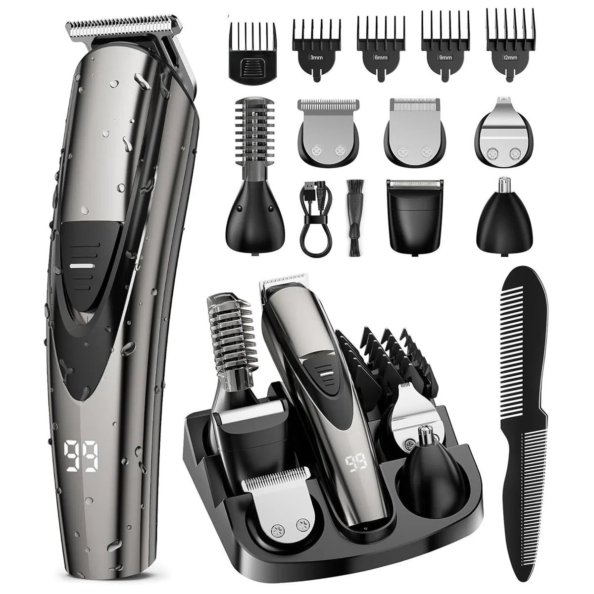 Black cordless grooming kit with trimmer, five heads, guide combs and brush in a case