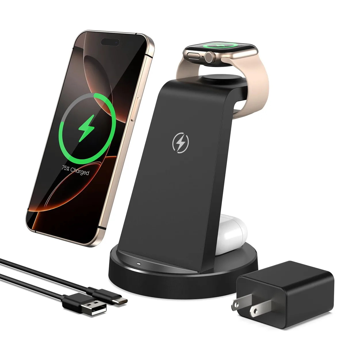 Black vertical 3-in-1 wireless charger stand with phone, watch and earbud pads