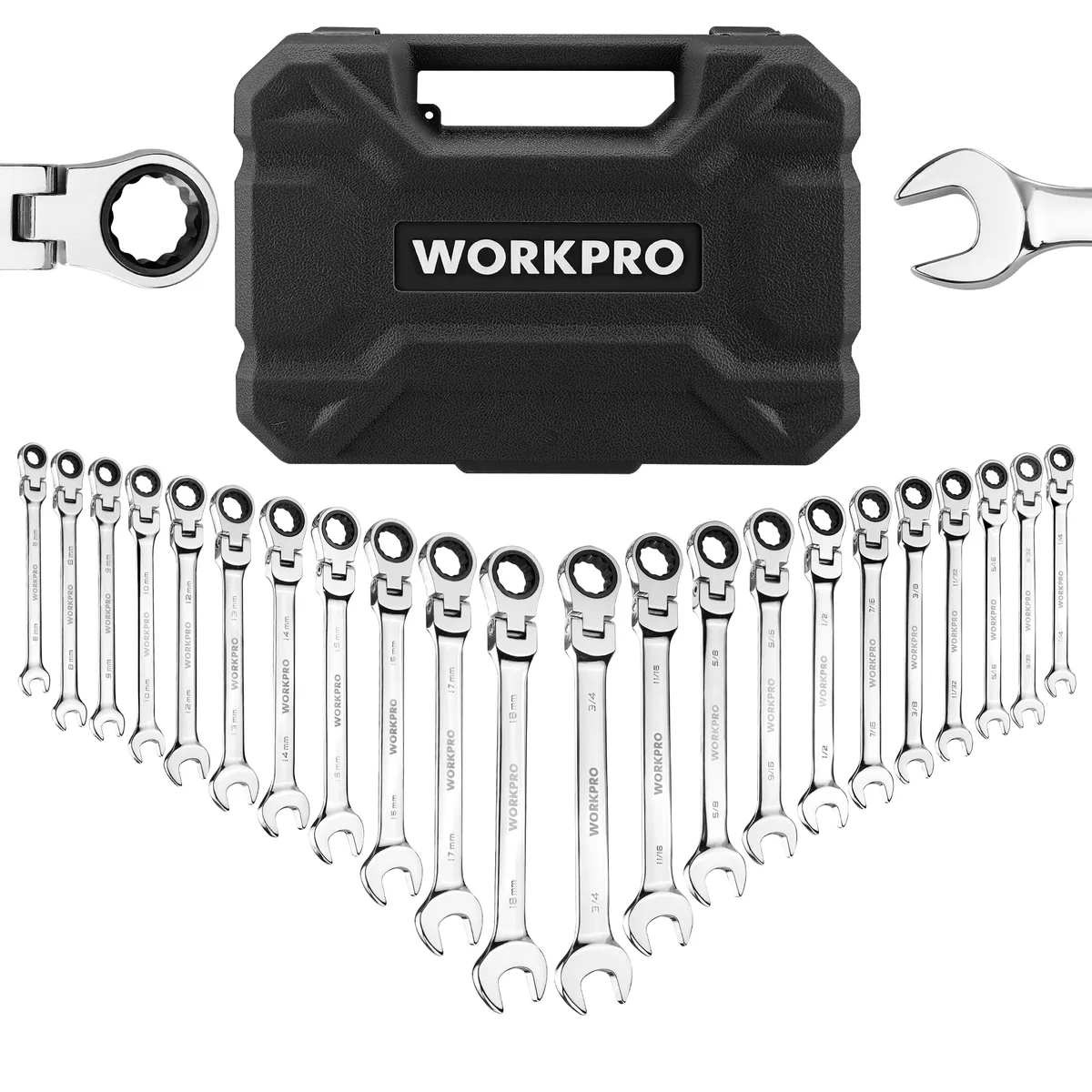 WORKPRO 22-piece flex-head ratcheting wrench set in organiser box, chrome vanadium steel, mirror polish finish