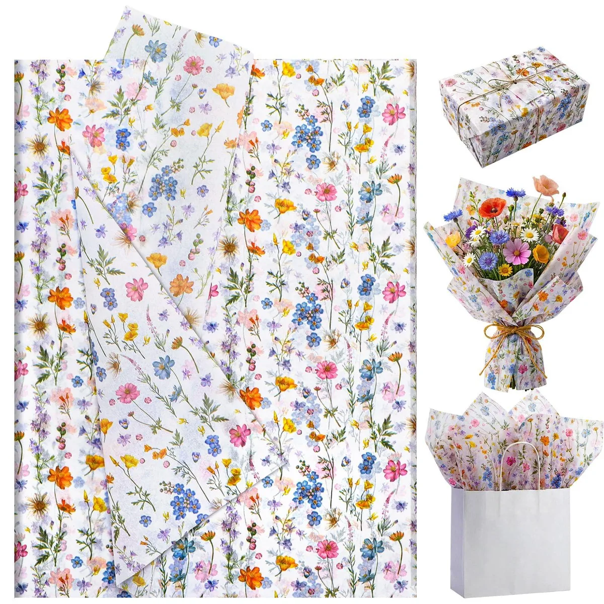Stack of 60 white floral tissue sheets 14 x 20 inch