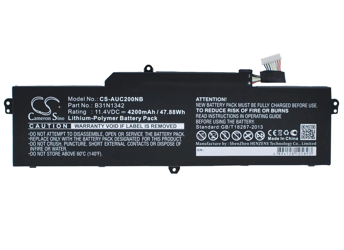 Rectangular black battery pack with label and connector visible