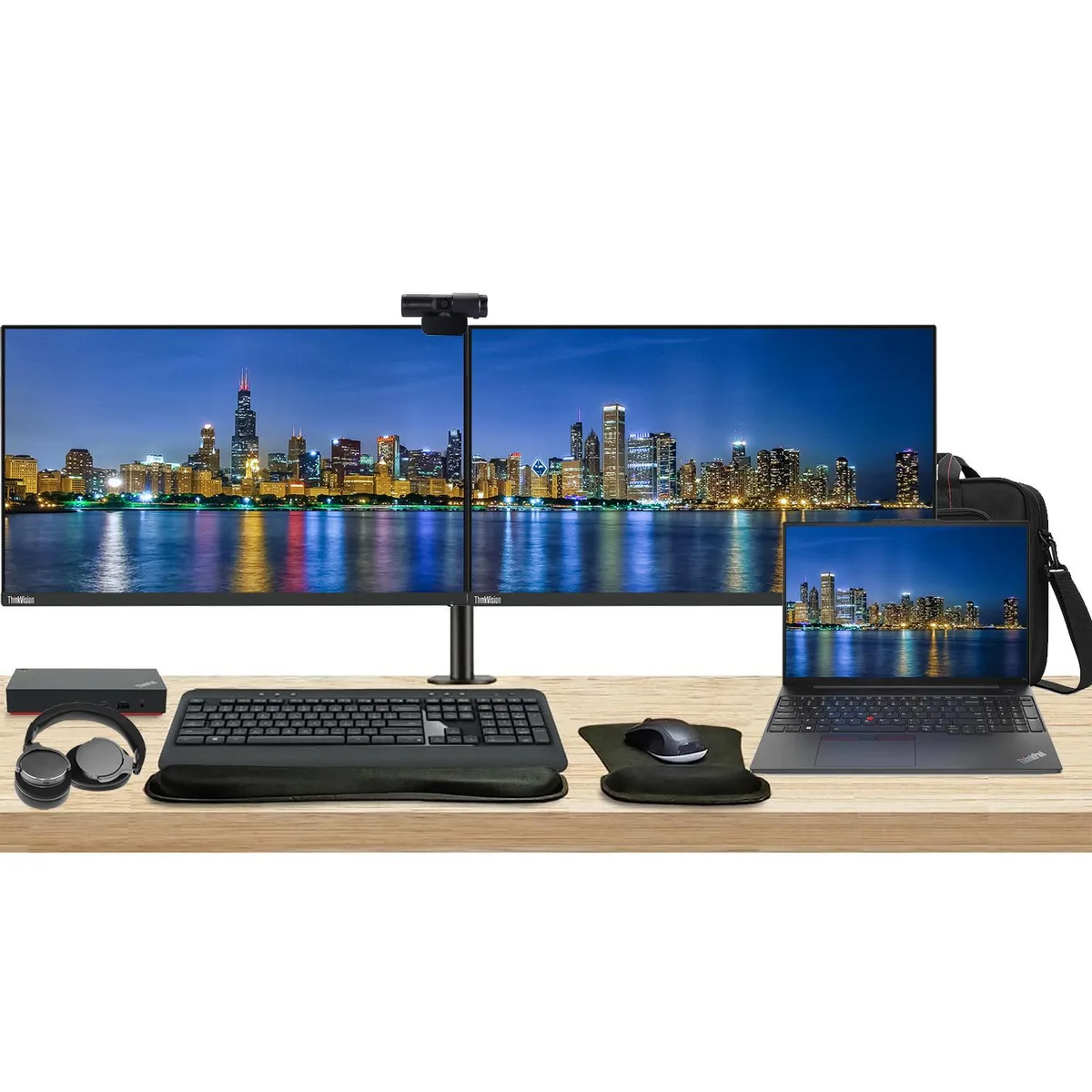 Lenovo Lenovo ThinkPad E16 laptop Ryzen 5 7530U 16GB 256GB bundle dual 24" monitors dock peripherals — product photo