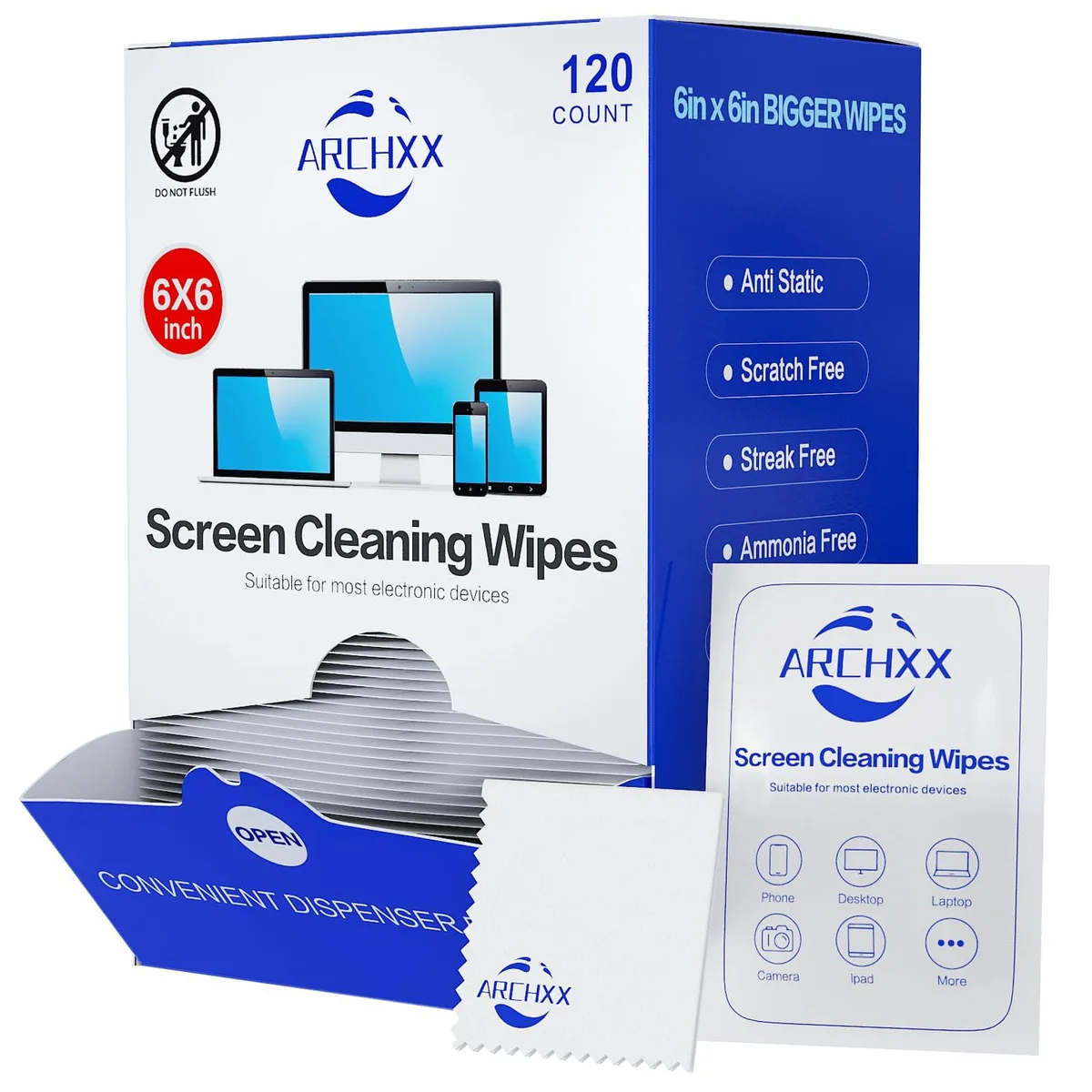 Box of 120 individually wrapped screen wipes with microfiber cloth