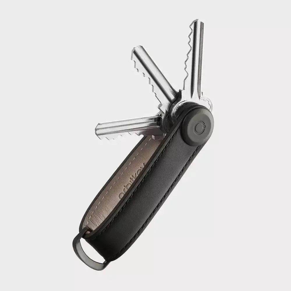 Black leather key organiser with black stitching, slim stacked design, D-ring attached