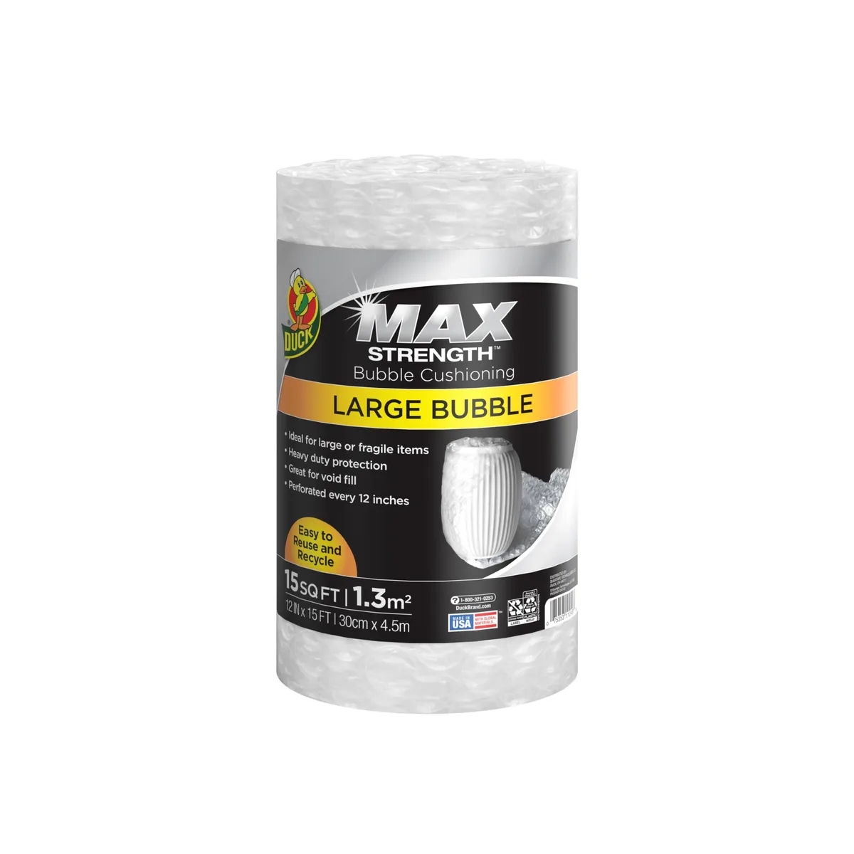 Clear plastic roll of large bubble wrap 15 ft long perforated every 12 in