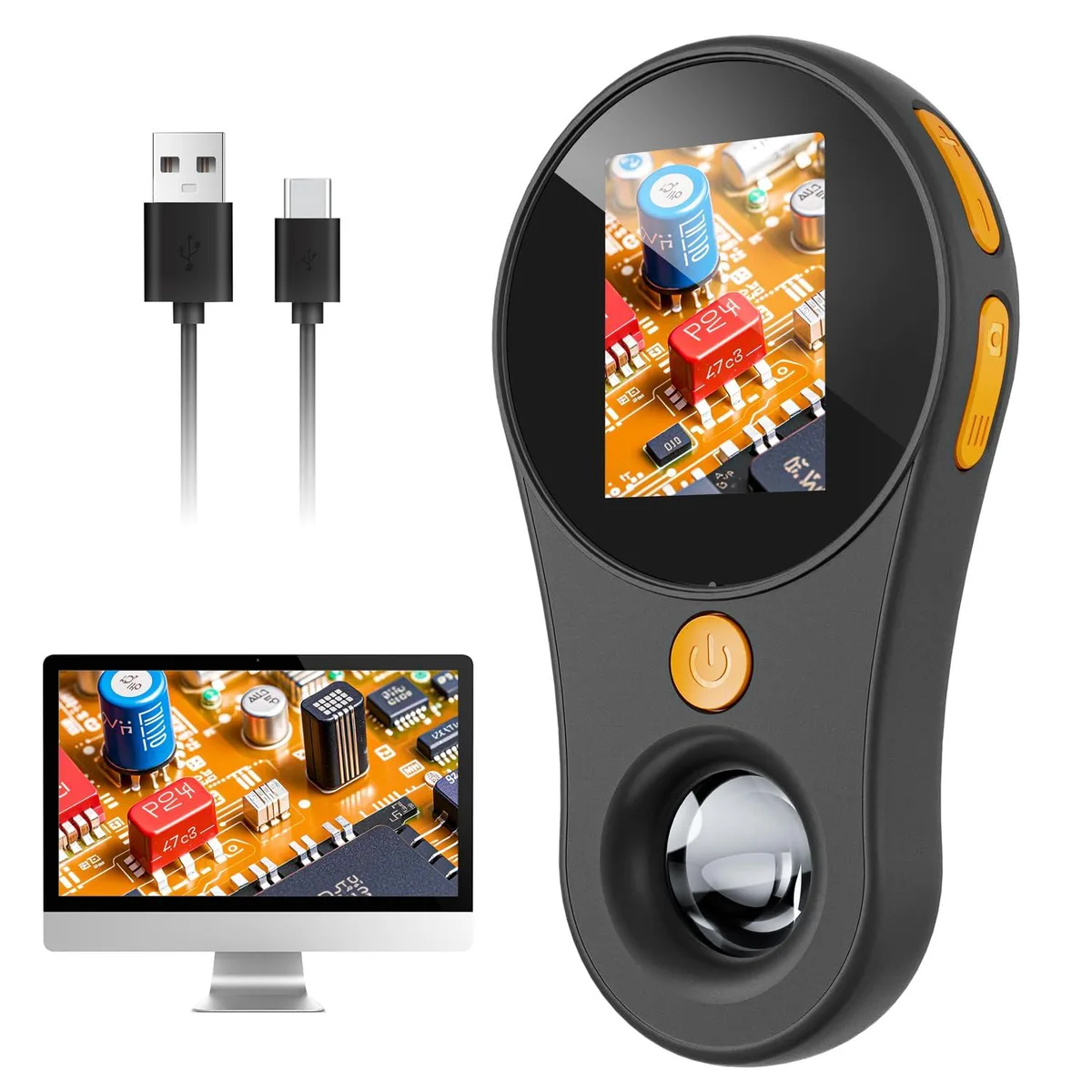 Black rectangular handheld digital microscope with 2.0 inch IPS screen and LED ring light