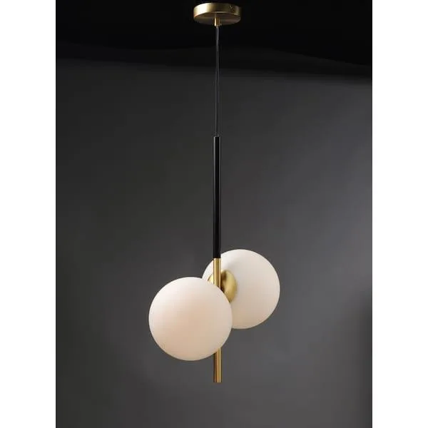 Two-light pendant, satin brass tubing, black accents, satin white glass globes