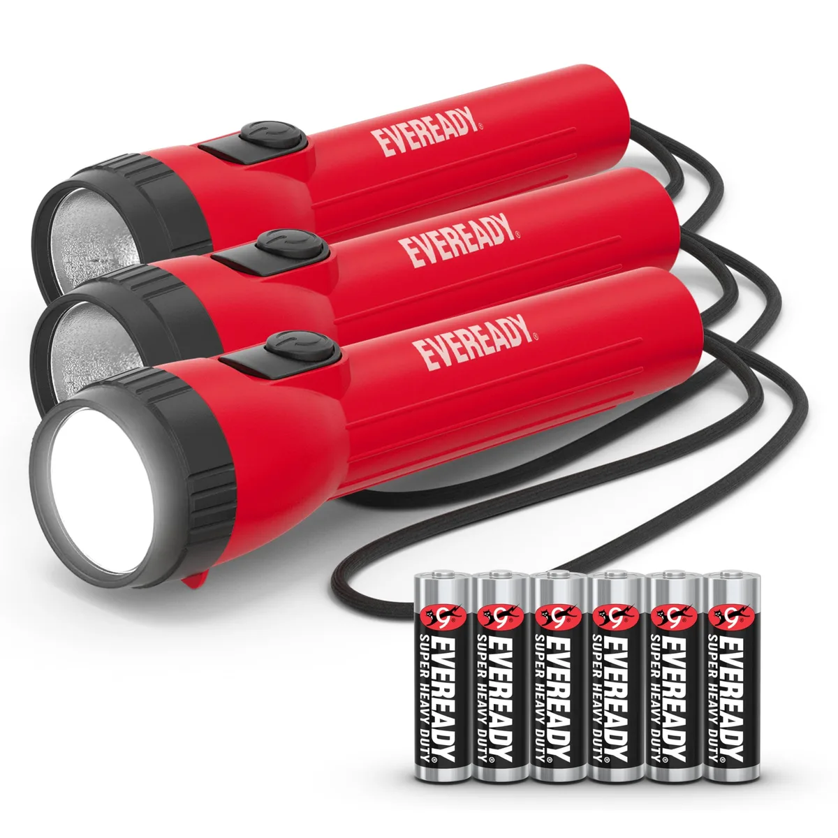 Three rectangular plastic flashlights with wrist straps lying side by side