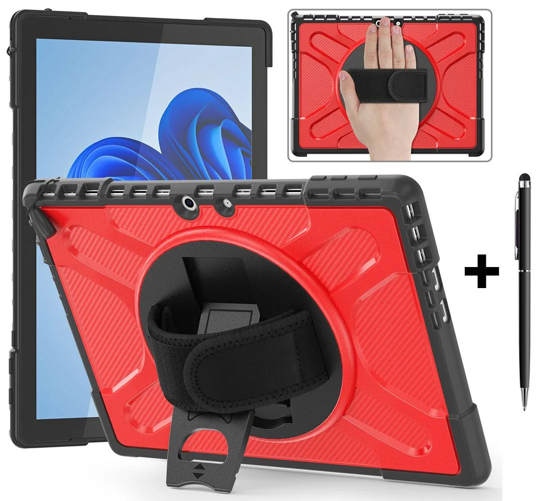 Red rugged case with rotating hand strap and kickstand for 13 inch Surface Pro 9 2022