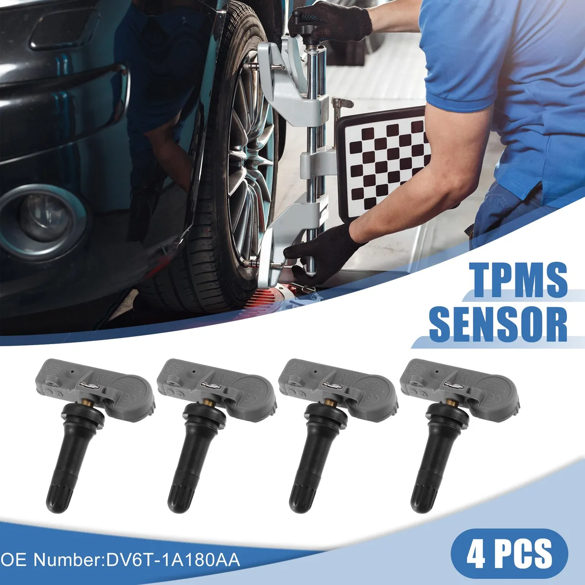 Four black and grey plastic and metal TPMS sensors with valve stems on a plain background