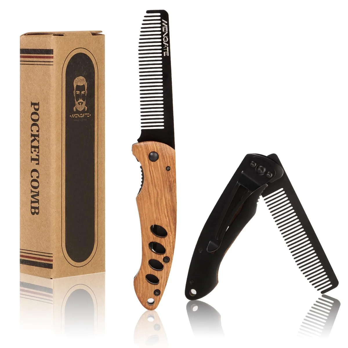 Black folding pocket comb with stainless steel teeth and Zebrawood handle, closed length 6.57 inch