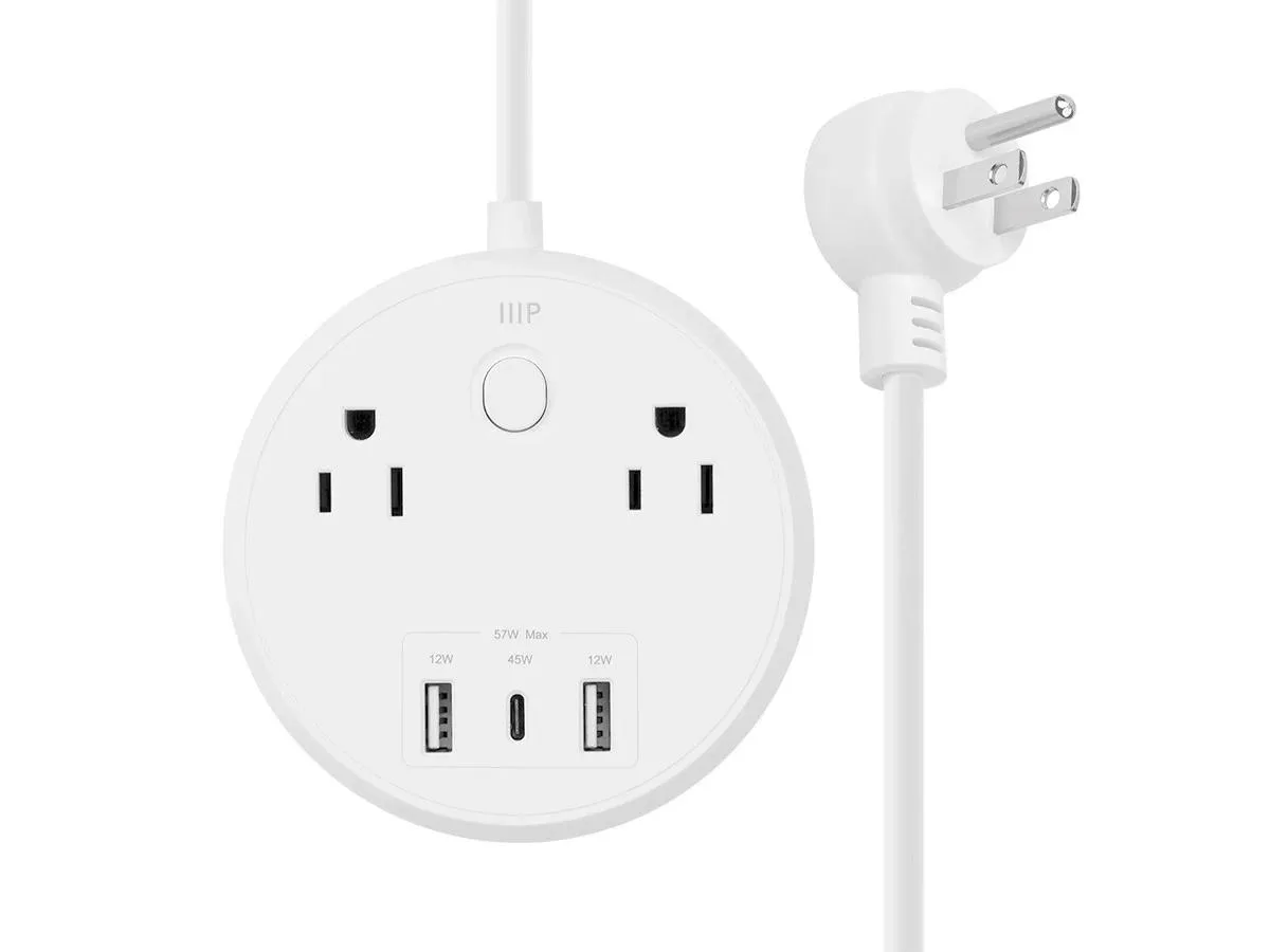 Monoprice Inc. Monoprice 141809 USB-C Power Strip 2 AC 10A 1250W 1 USB-C 45W PD 2 USB-A 2.4A 12W 5ft Cord White — product photo