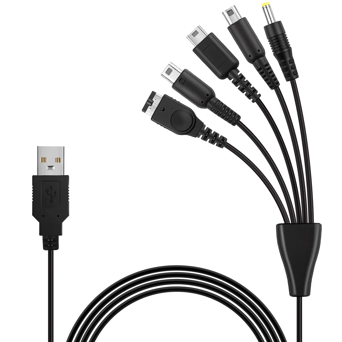 Nylon-braided 5-in-1 USB cable with Mini USB connectors for handheld consoles