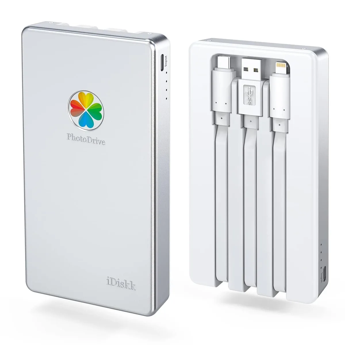 Rectangular 4TB external hard drive with integrated 5000mAh battery, matte finish
