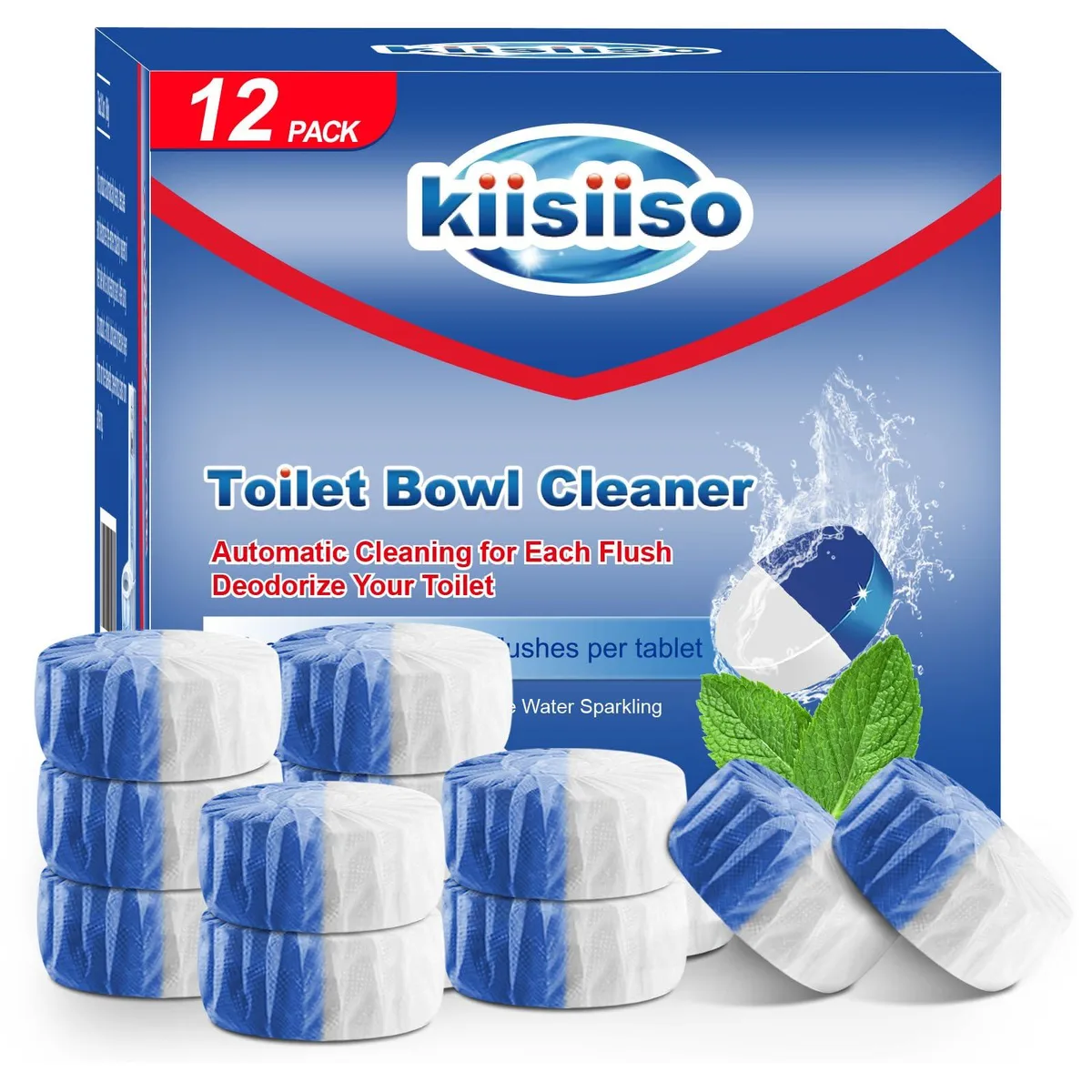 White box containing twelve blue toilet cleaning tablets