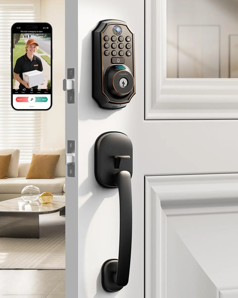 Rectangular silver smart lock with camera lens, fingerprint sensor, keypad and lever handle