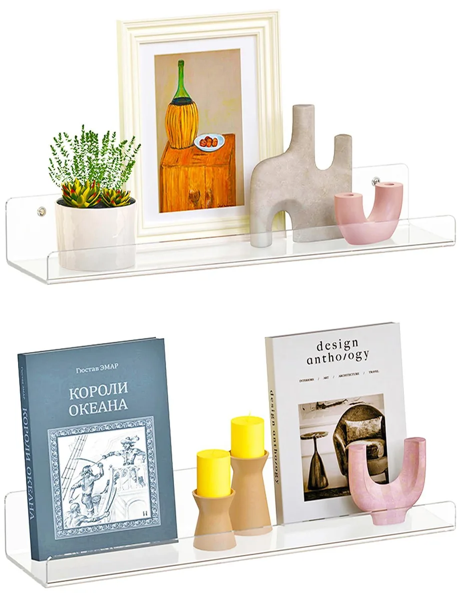 Two clear acrylic floating shelves, 15 inches long with front lip, wall-mounted