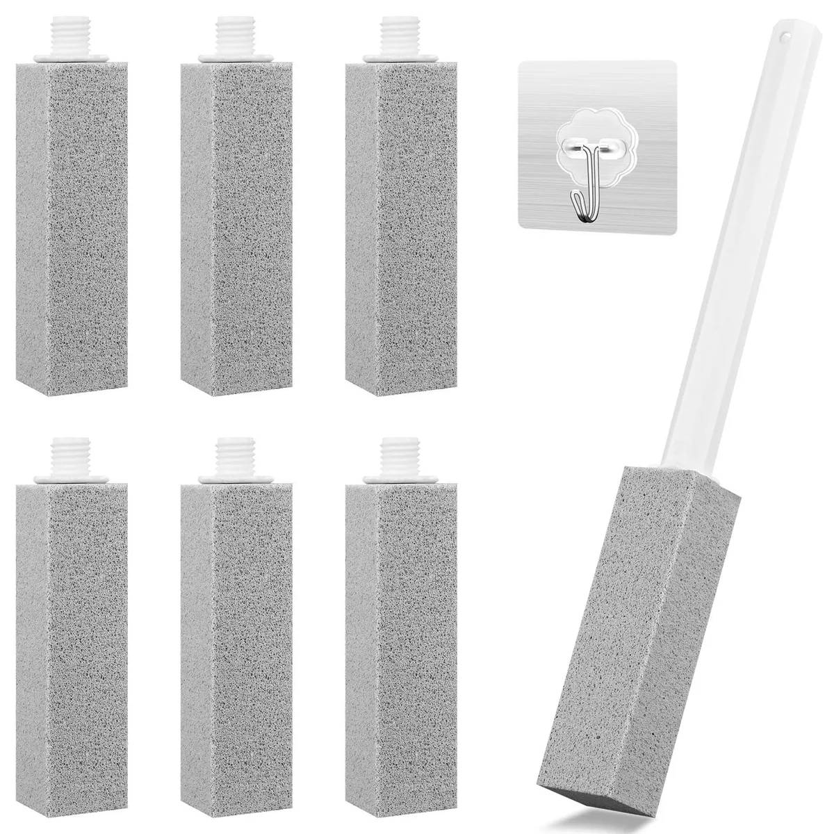 Six grey pumice blocks, a white handle and a clear hook in a box