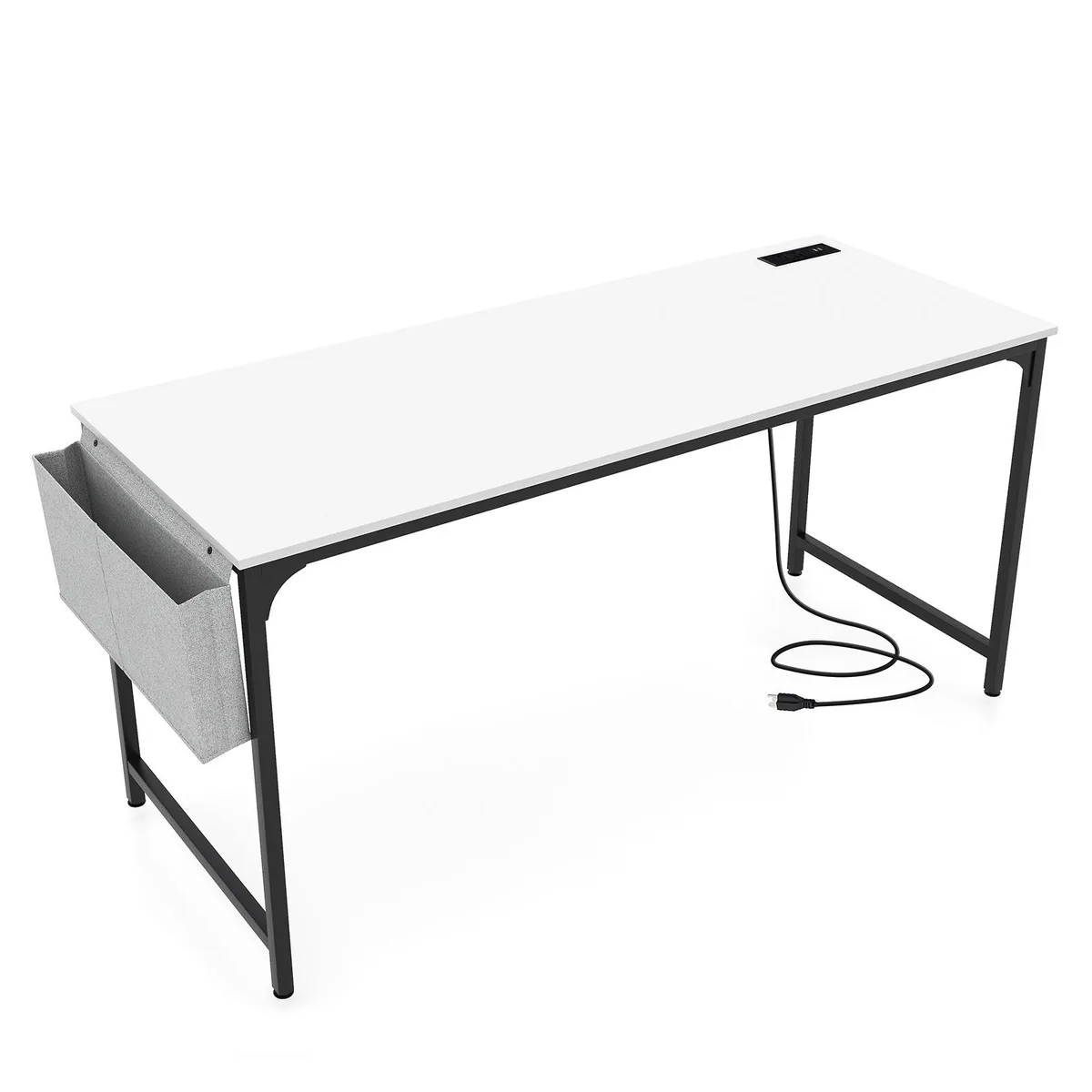 White 60-inch computer desk with metal frame, fabric storage bag and built-in charging station