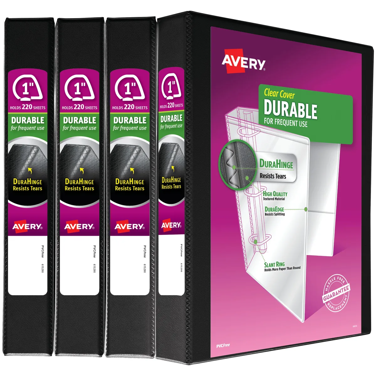 Four black 1-inch slant-ring binders with clear view covers and interior pockets