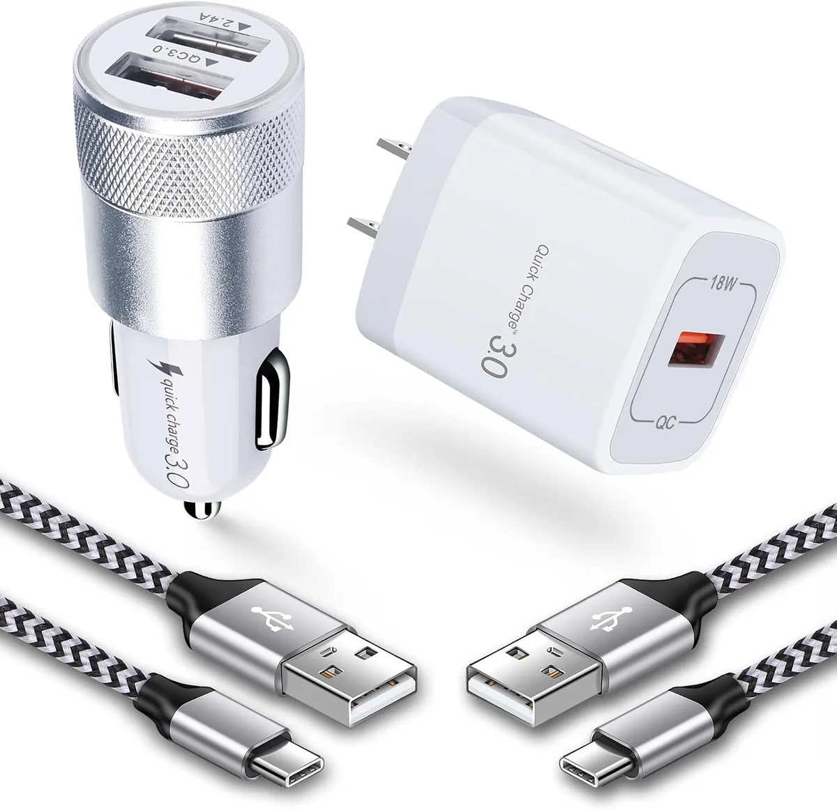 Hamzan Hamzan USB Fast Charger Kit QC 3.0 Wall Car 2 Cable 3FT — product photo