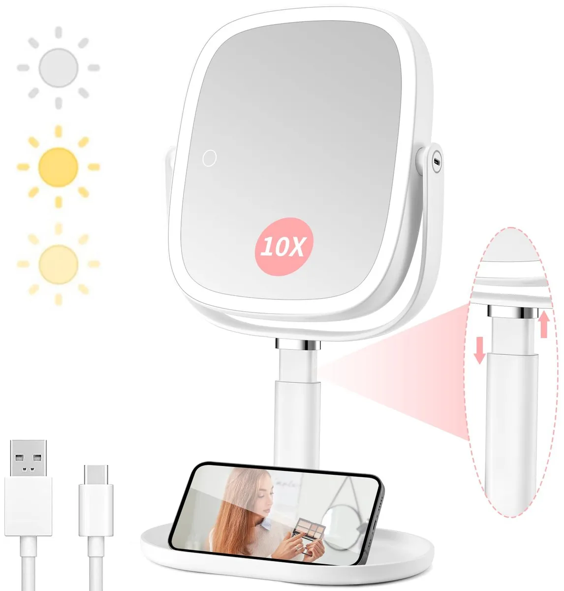  Vanmirr Makeup Mirror-DM20 8.5" 1x/10x Magnifying Lighted Mirror White ABS — product photo