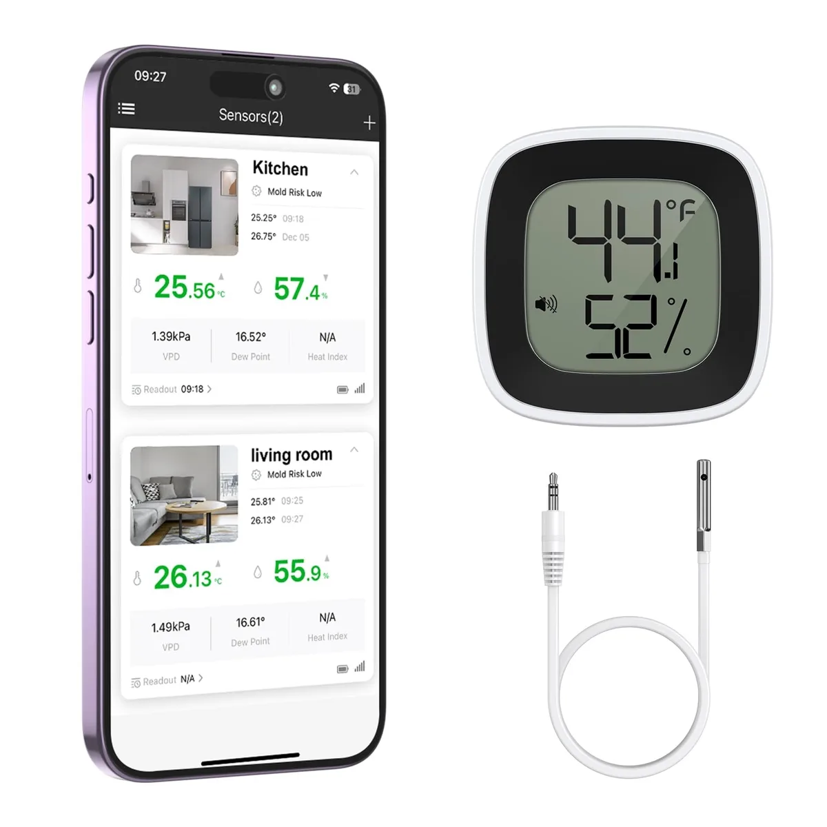 Black Bluetooth thermometer with LCD screen, slim probe and magnetic mount