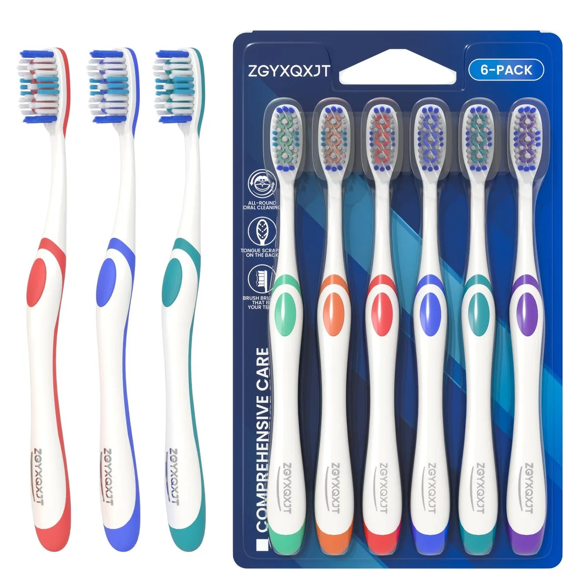 Six white manual toothbrushes with wave bristles and tongue cleaners
