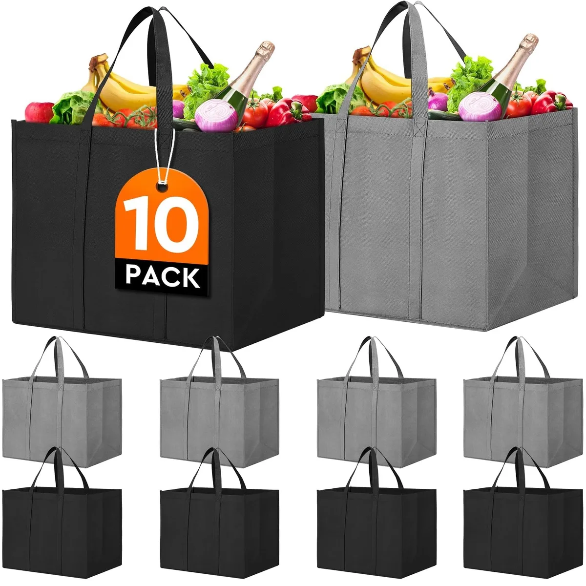Stack of ten beige foldable tote bags with long handles, flat-woven non-woven fabric finish